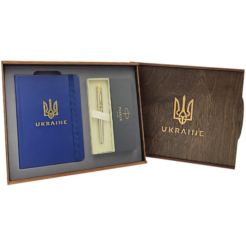 Подарунковий набір: Коробка + Ручка-ролер Parker IM 17 Brushed Metal GT RB 22 222_TR4 + Блокнот Axent Partner Ukraine Cиній
