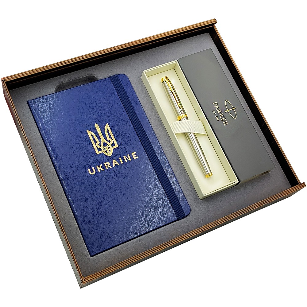 Подарунковий набір: Коробка + Ручка-ролер Parker IM 17 Brushed Metal GT RB 22 222_TR4 + Блокнот Axent Partner Ukraine Cиній