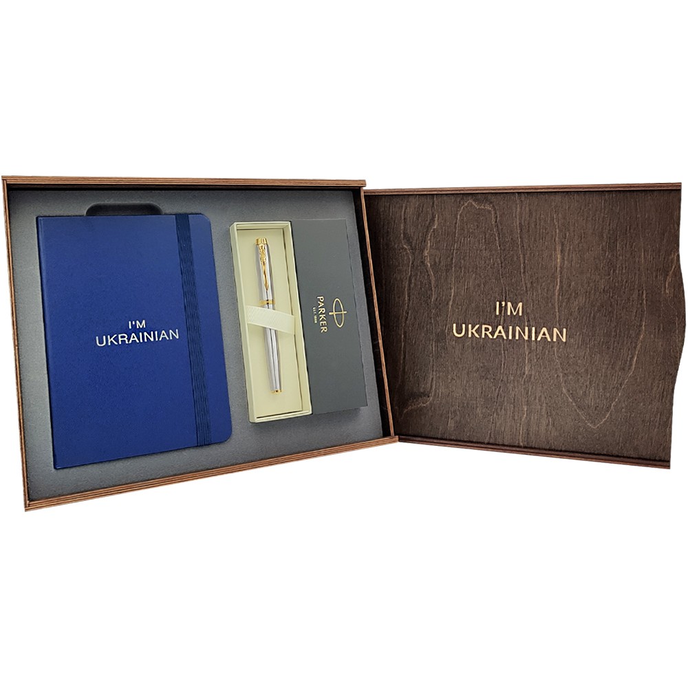 Подарунковий набір: Коробка + Ручка-ролер Parker IM 17 GT RB 22 222 + Блокнот Axent Partner I'm Ukrainian синій 8201-02-A-UKR